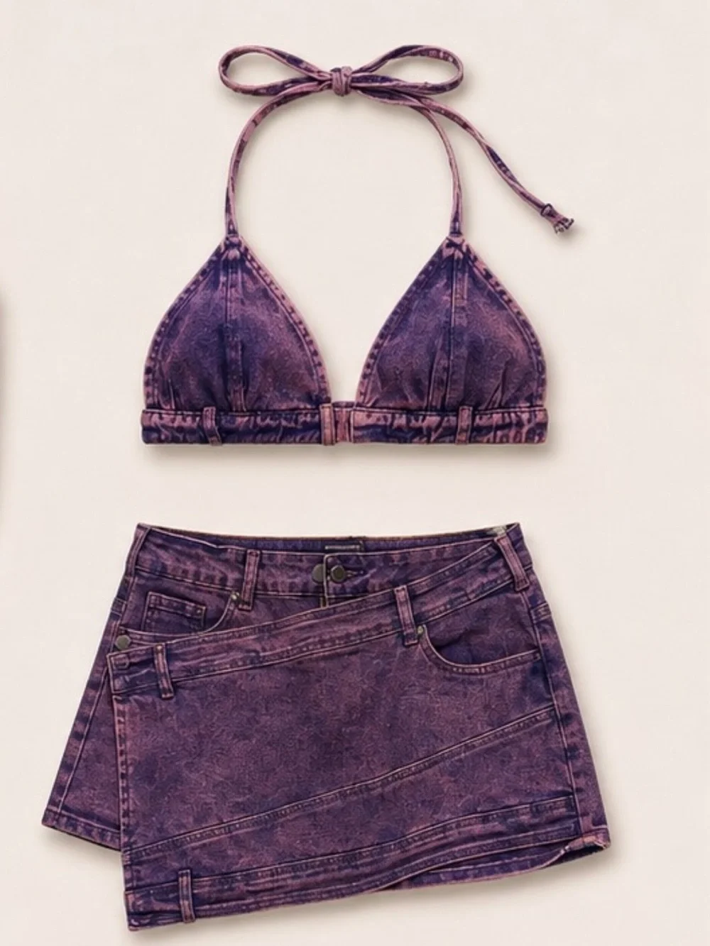 Purple Acid Wash Denim Halter Top
